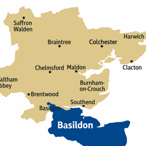 Essex map highlighting Basildon – local removal services by Ottoman Services