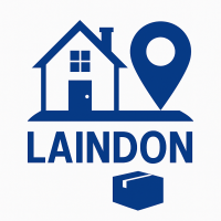 Laindon removals icon – house, location pin and moving box in Ottoman Services blue
